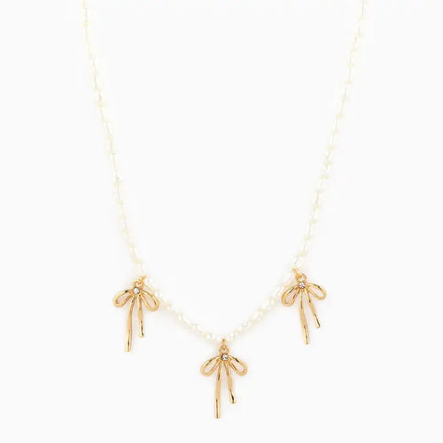 Triple Natural Bow Station Pendants Pearl Necklace