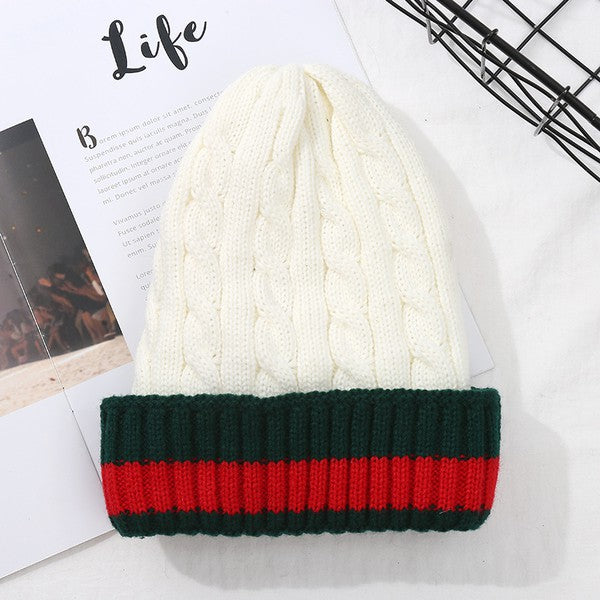 Cable Knit Striped Beanie