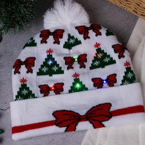 Bow and Tree Led Light Up Beanie with White Pom Pom
