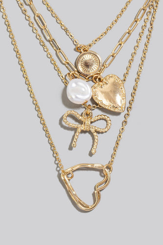 Pearl Heart Ribbon Bow Charms Layered Chains Necklace