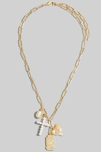 Pearl Pave Cross And Heart Charms Chain Necklace
