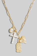 Pearl Pave Cross And Heart Charms Chain Necklace
