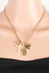 Pearl Pave Cross And Heart Charms Chain Necklace
