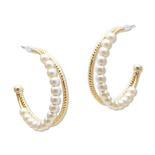 Pearl Accent Double Line Round Hoop Earring