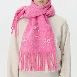 Pearl Beaded Bow Tassel Scarf