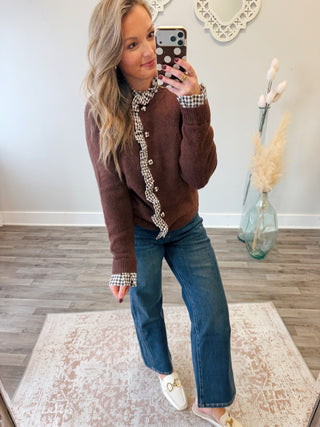 Melange Wool Gingham Ruffle Cardigan