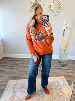 Pumpkin Plaid Detail Top