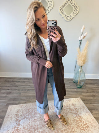 Longline Hoodie Cardi -Chocolate