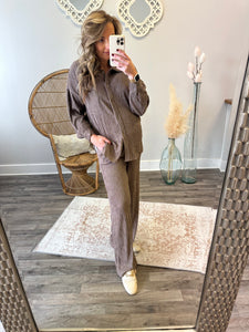 Crinkled Plisse Button Down Shirt Loungewear Set