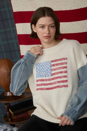 American Flag Denim Sleeve Sweater