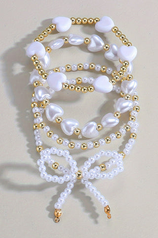 Bow Knot Pearl Beaded Multi Layered Bracelet Set