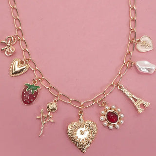 Heart Bow Rose Strawberry Eiffel Charm Necklace