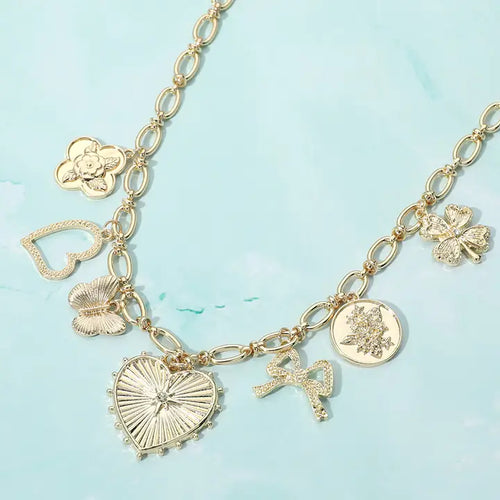 Heart Butterfly Bow Clover Cluster Charm Necklace
