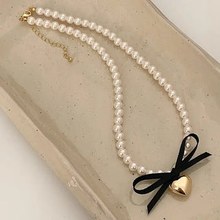 Bowknot Double Pearl Heart Pendant